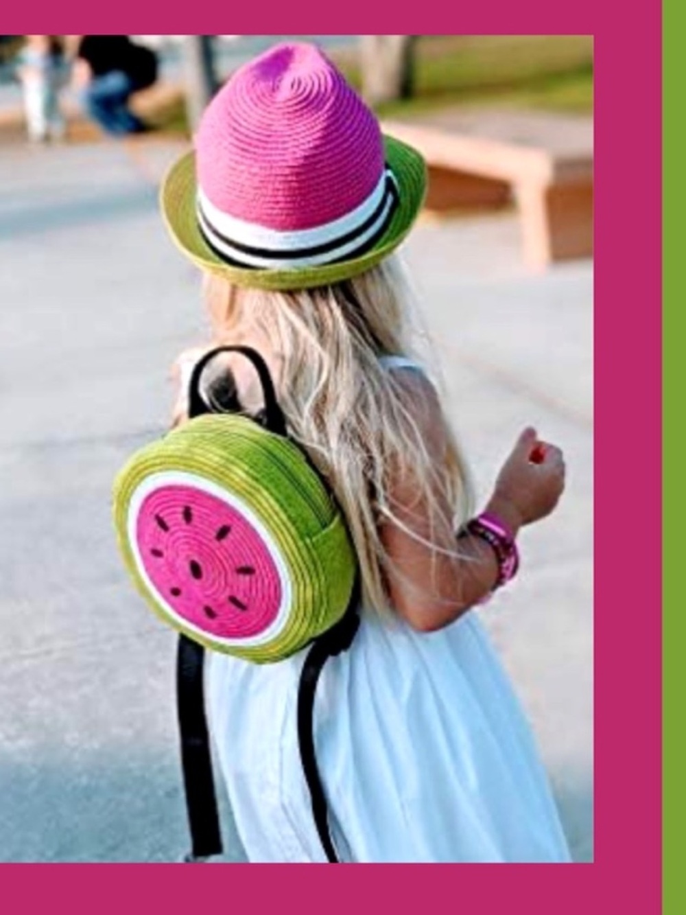 Kids Pink & Green Watermelon Straw Backpack and Adjustable Hat Set - Sz 3-5T